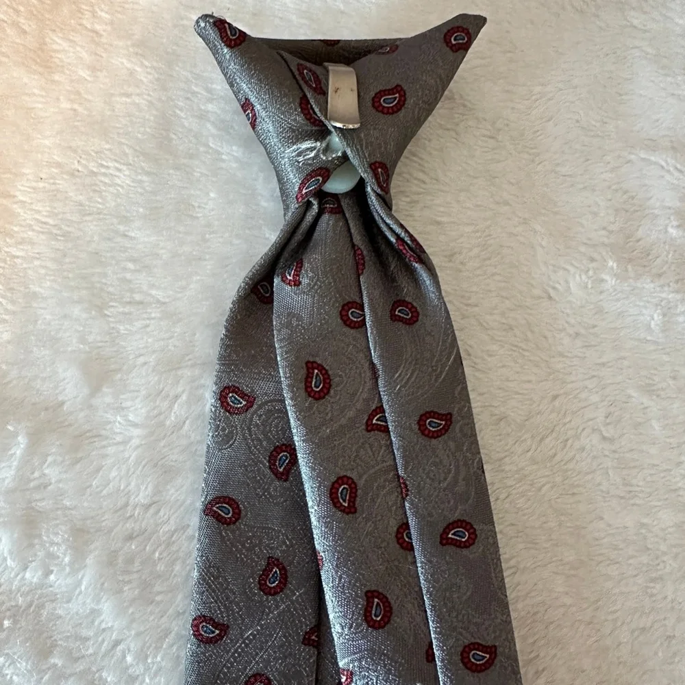 Boys Gray Red Paisley Clip-On Tie 14.5 inches Formal